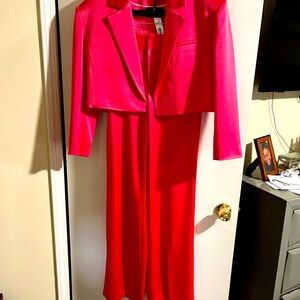 Magenta pant suit.